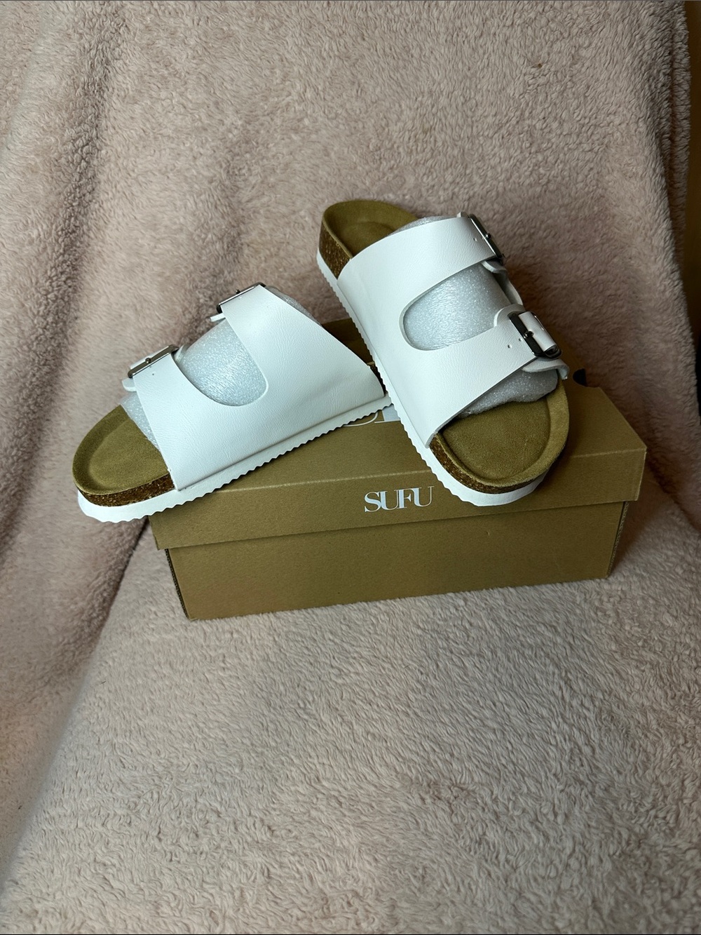 White Double-Buckle Slide Sandals for Women